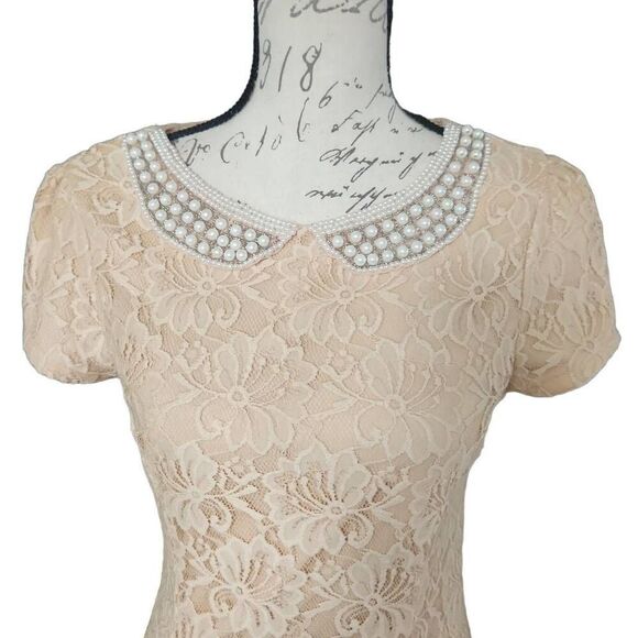 Forever 21 Women's Size Large Beige Pearl Beaded Lace A-Line Dress - Picture 8 of 8